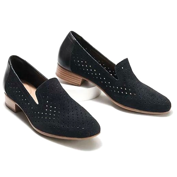Clarks Juliet Hayes Womens Perforated Black Suede Loafers block heel flat shoes - Picture 3 of 7